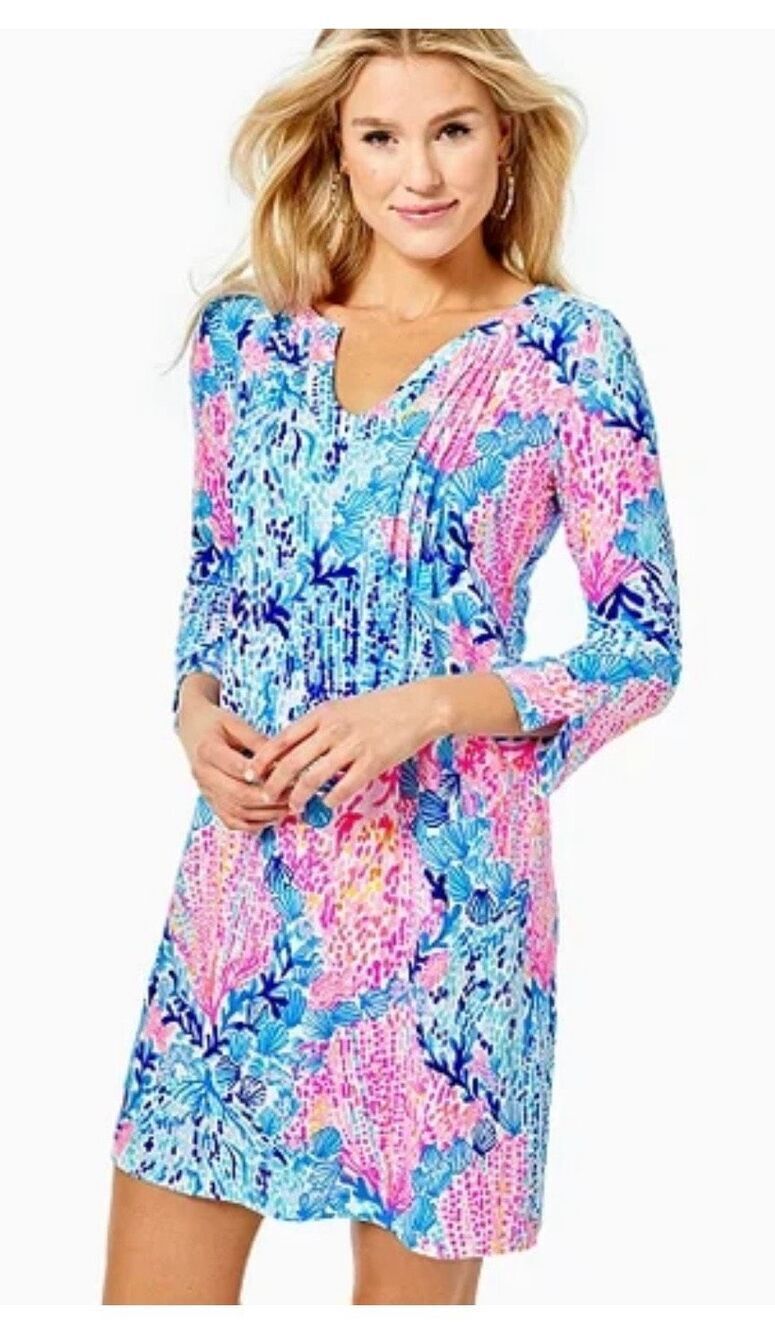 Lilly Pulitzer Notch Neck 3/4 Sleeve UPF 50+ Beverlynn Dress Multicolor Extra S